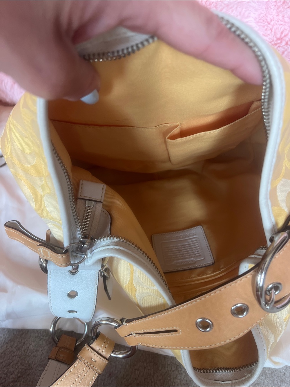 Coach Yellow Signature Jacquard Shoulder Bag with Tan Leather Trim - Picture 6 of 9